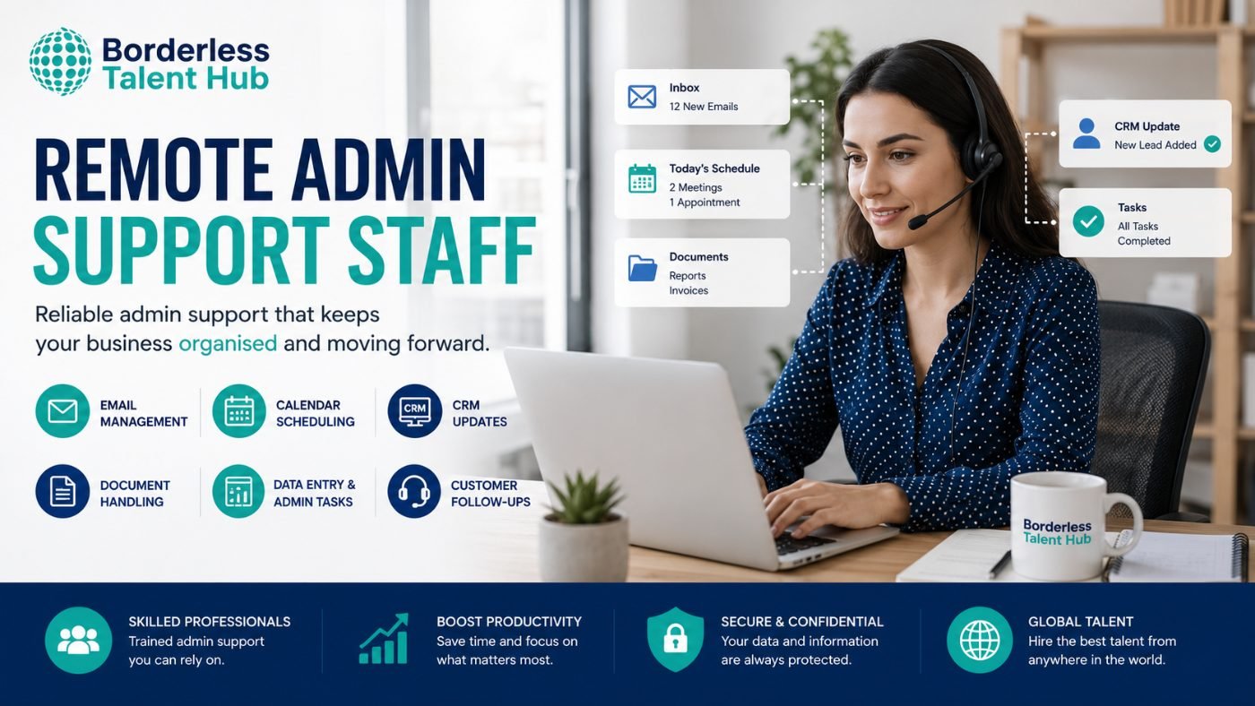 Remote admin support staff member managing inbox, calendar scheduling, CRM updates and back-office tasks for Borderless Talent Hub
