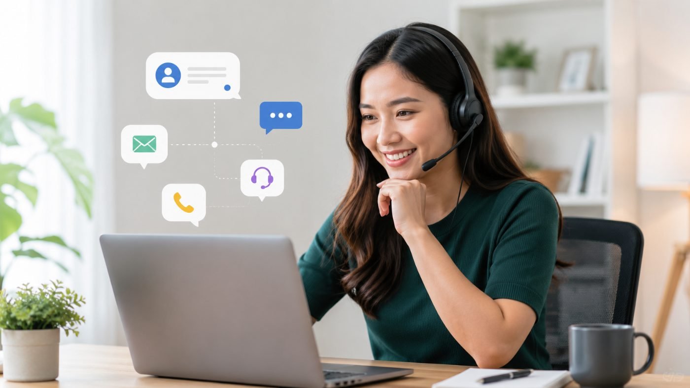 Remote customer support staff member helping customers through live chat, email and phone support